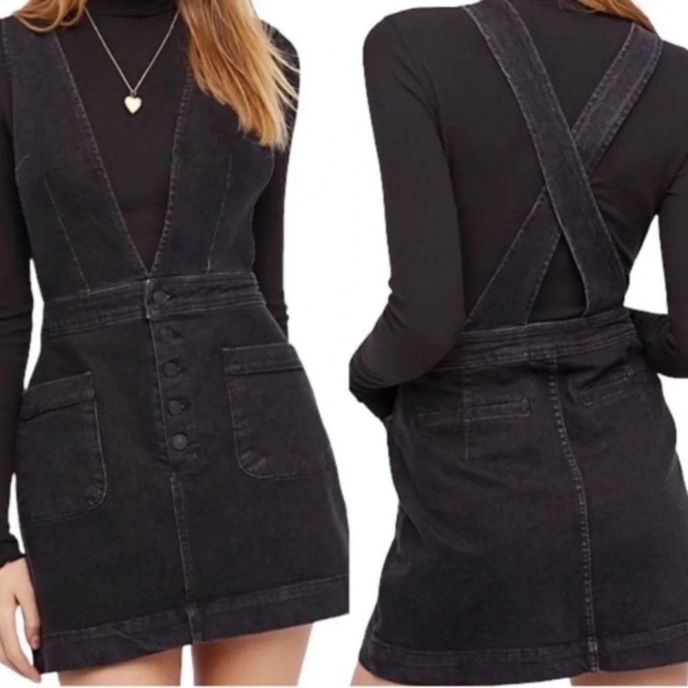 Free People Old School Love Denim Dungaree Pinafore Dress - Size 0 - EUC - Picture 2 of 11